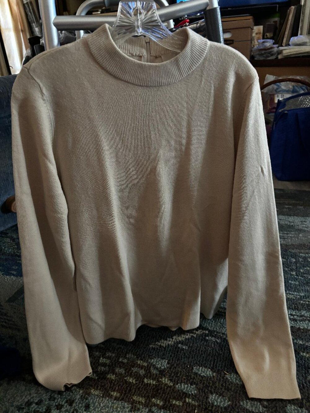Carolyn Taylor Cream Acrylic Knit Long-Sleeve Back Zip Sweater, Size LARGE